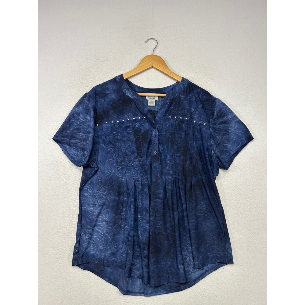 Boho Artistic Sienna Grace Women 2X Blue Tie Dye Studded Pleated Blouse Ethereal